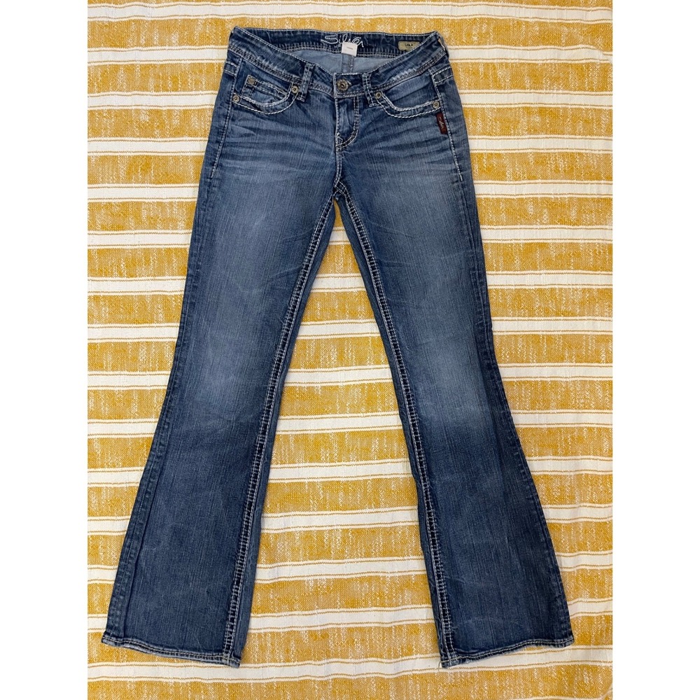 Silver Jeans Co Lola Flare Medium Wash Contrast Stitch Denim Jeans Sz 25